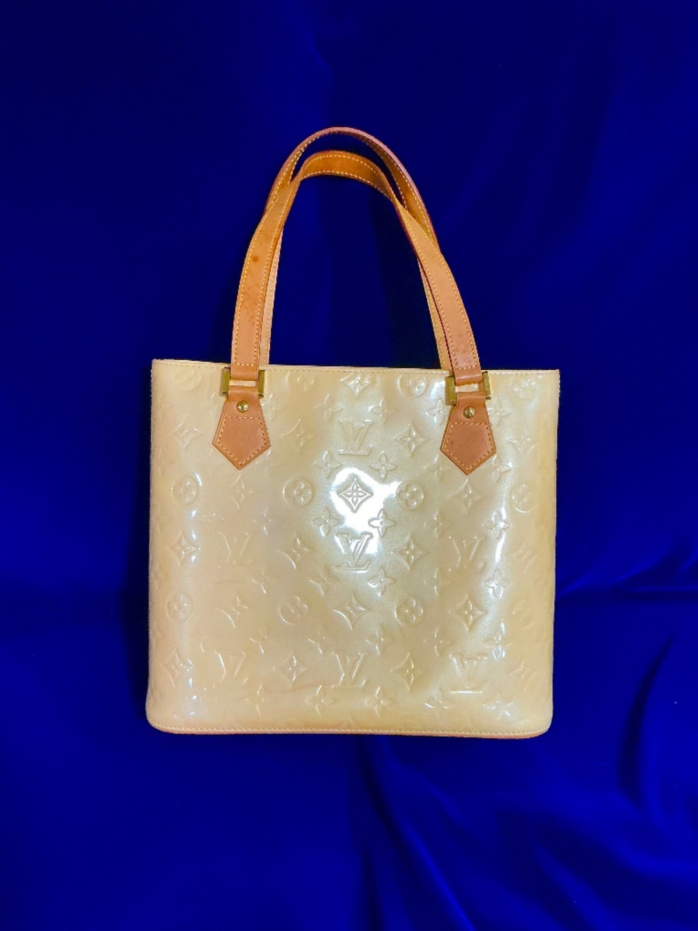 Louis Vuitton Patent Leather Tote in Cream with Tan Handles